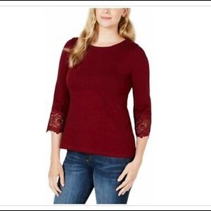 Charter Club Carriage Red Small Cotten 3/4 Sleeve Lace Trim Top